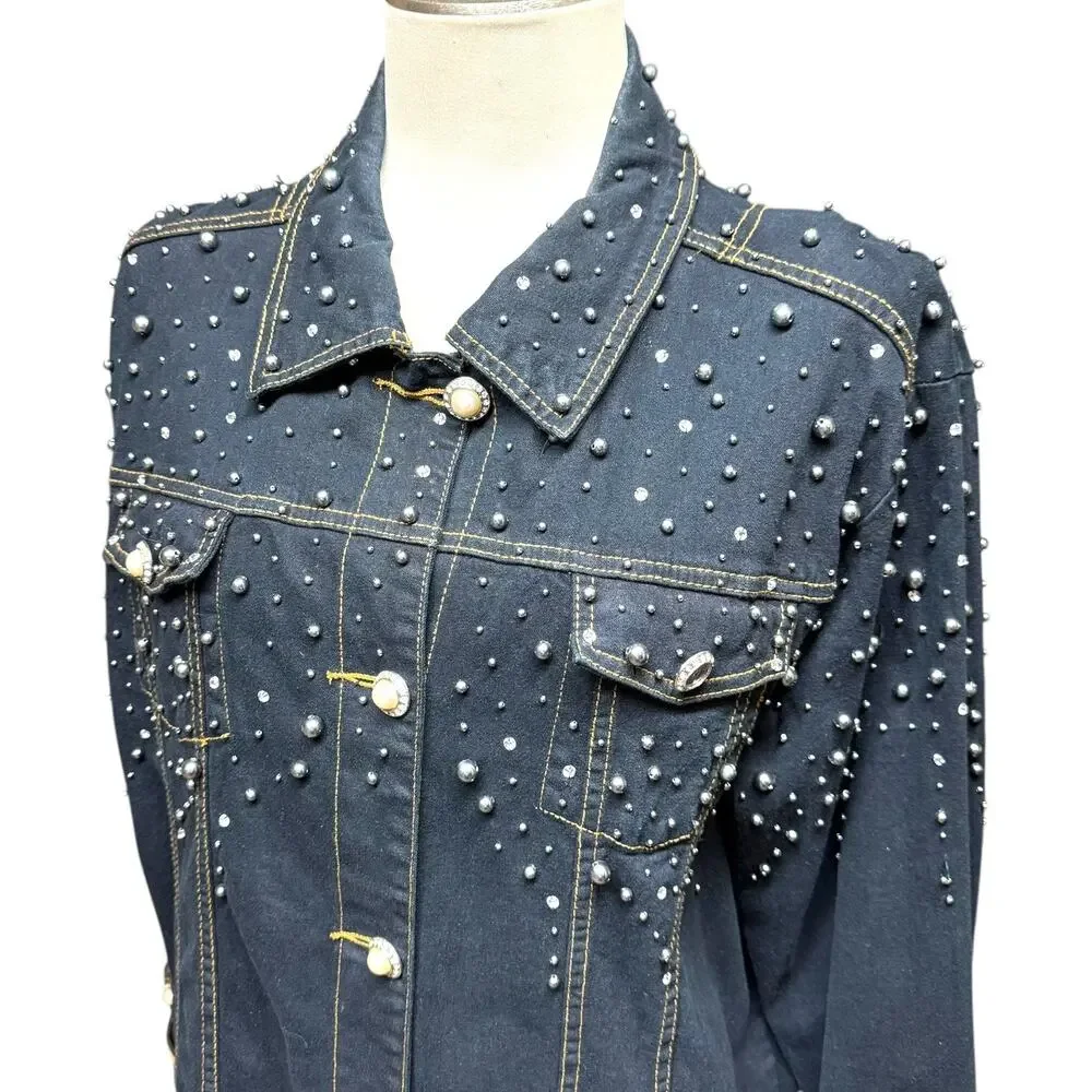 The Quacker Factory Rhinestone Pearl Studded Denim Jean Jacket Blue Large